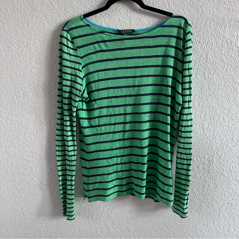 Lauren Ralph Lauren Linen Crew Neck Sweater | Green With Blue Stripes | Size L